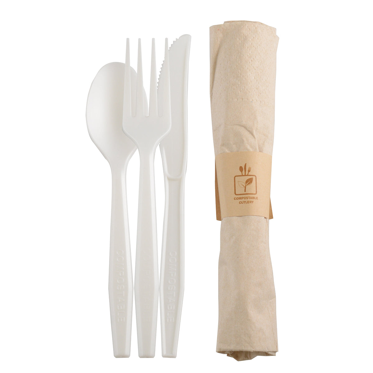 Set of white disposable cutlery with a beige napkin on a white background