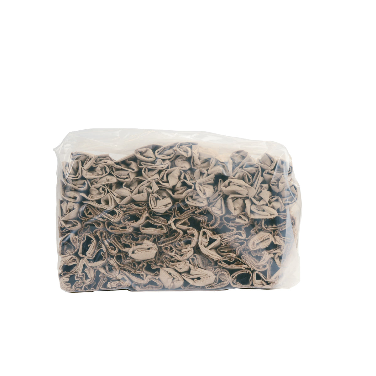 Clear plastic bag filled with rolled cutlery kits on a white background
