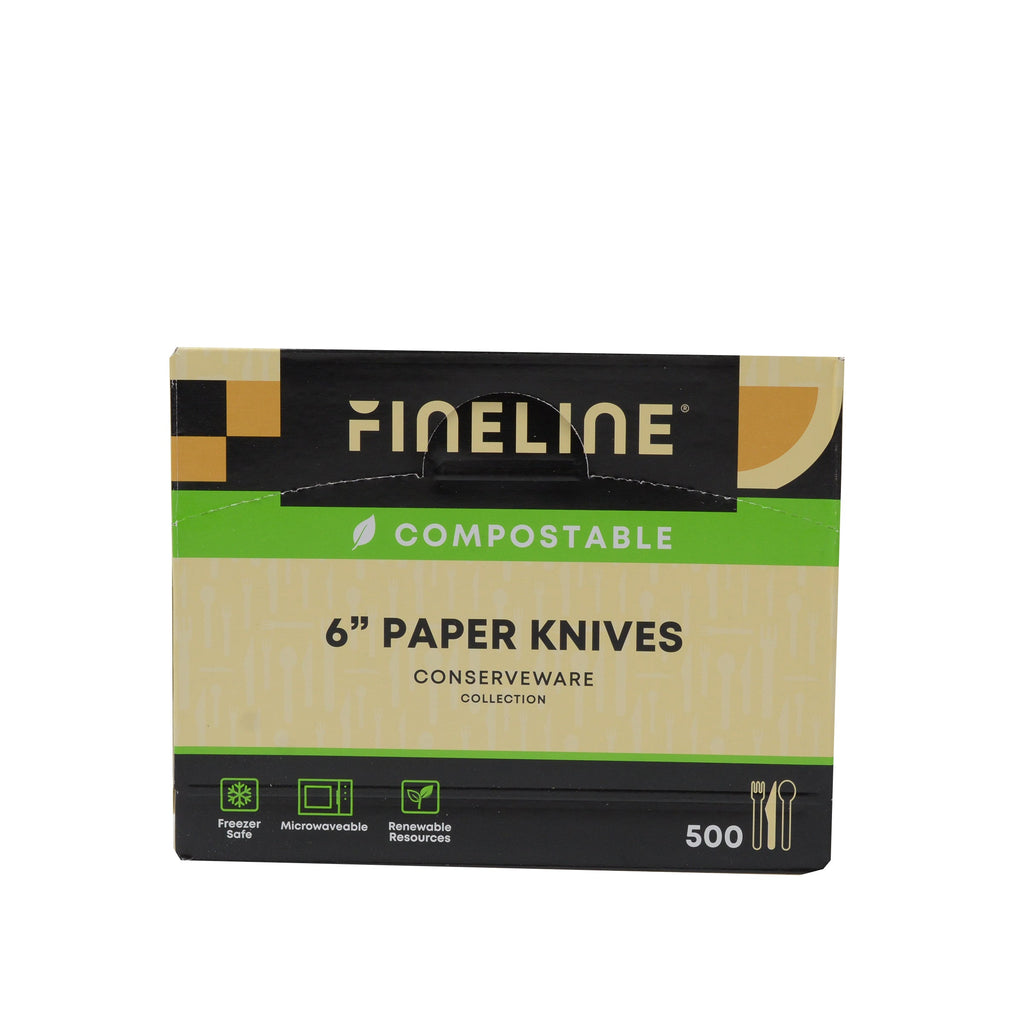 Pack of Fineline compostable 6-inch paper knives on a white background