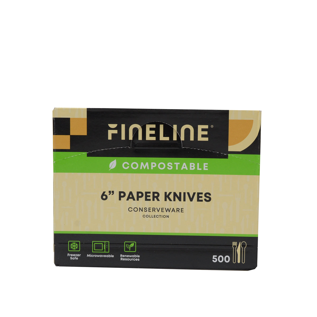 Pack of Fineline compostable 6-inch paper knives on a white background