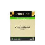 Packaging of Fineline compostable 6-inch paper spoons on a white background