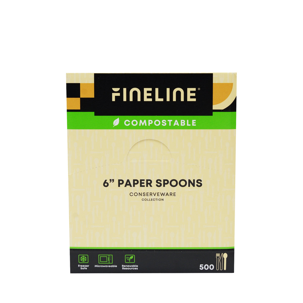 Packaging of Fineline compostable 6-inch paper spoons on a white background