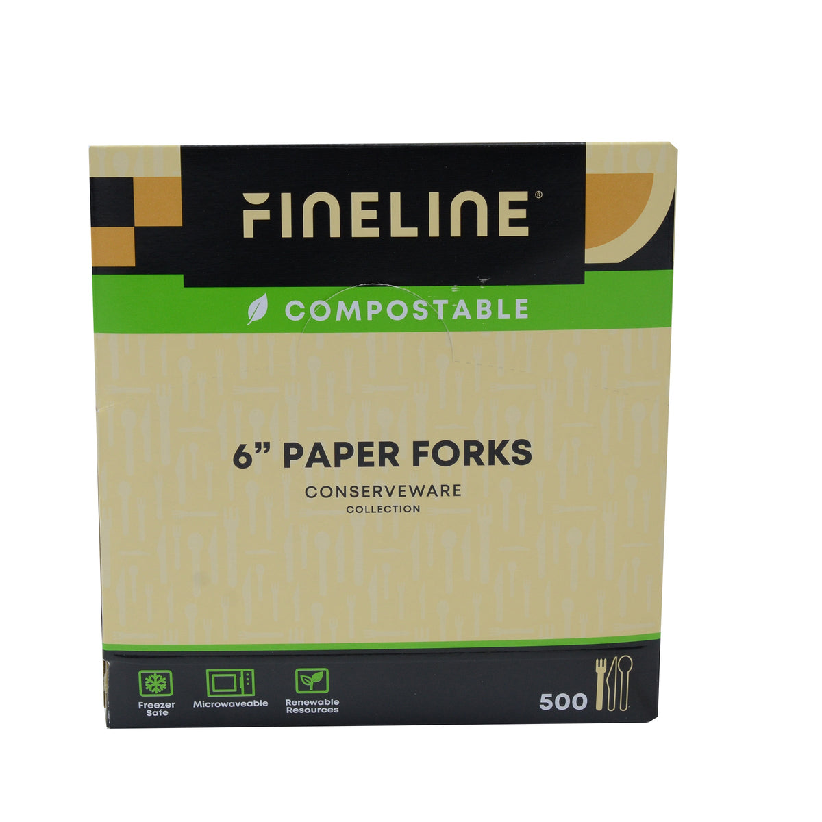 Box of Fineline compostable 6-inch paper forks on a white background