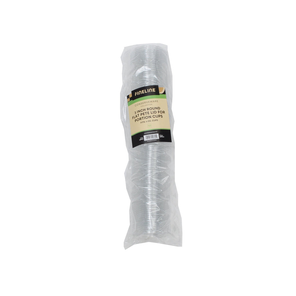 Packaged clear plastic portion cups with a label on a white background