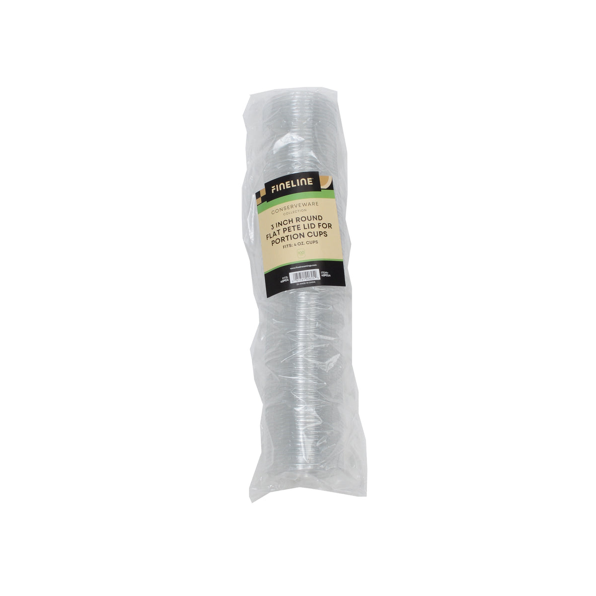 Packaged clear plastic portion cups with a label on a white background
