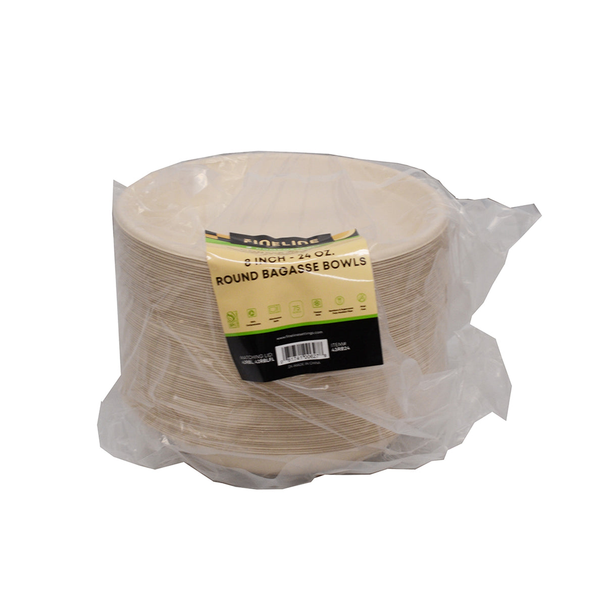 Packaged round bagasse bowls with a label on a white background