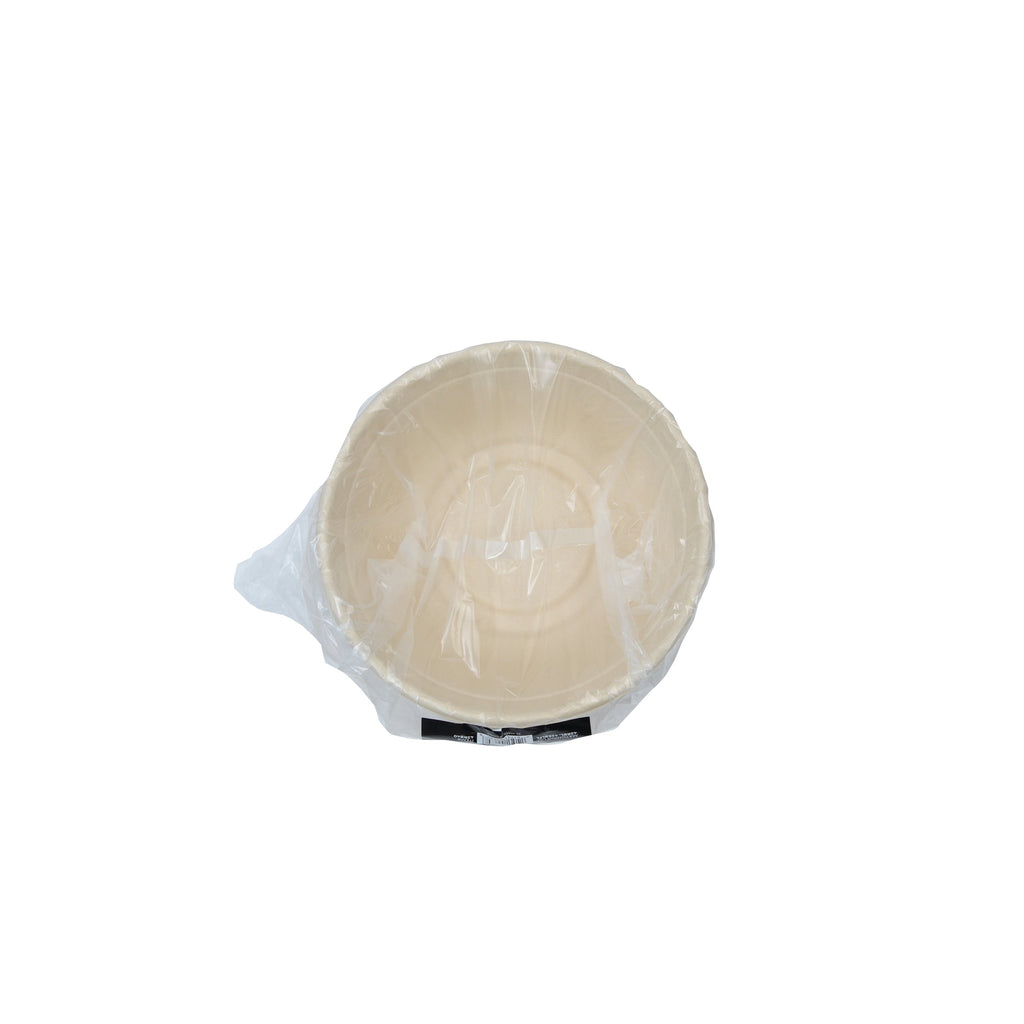Stack of round beige bowls wrapped in clear plastic on a white background