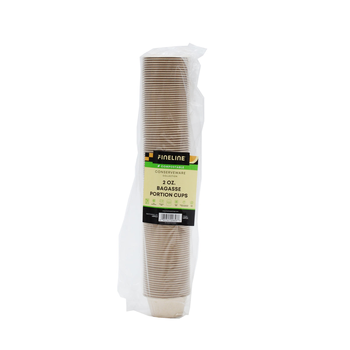 Pack of 2 oz bagasse portion cups with a visible brand label on a white background