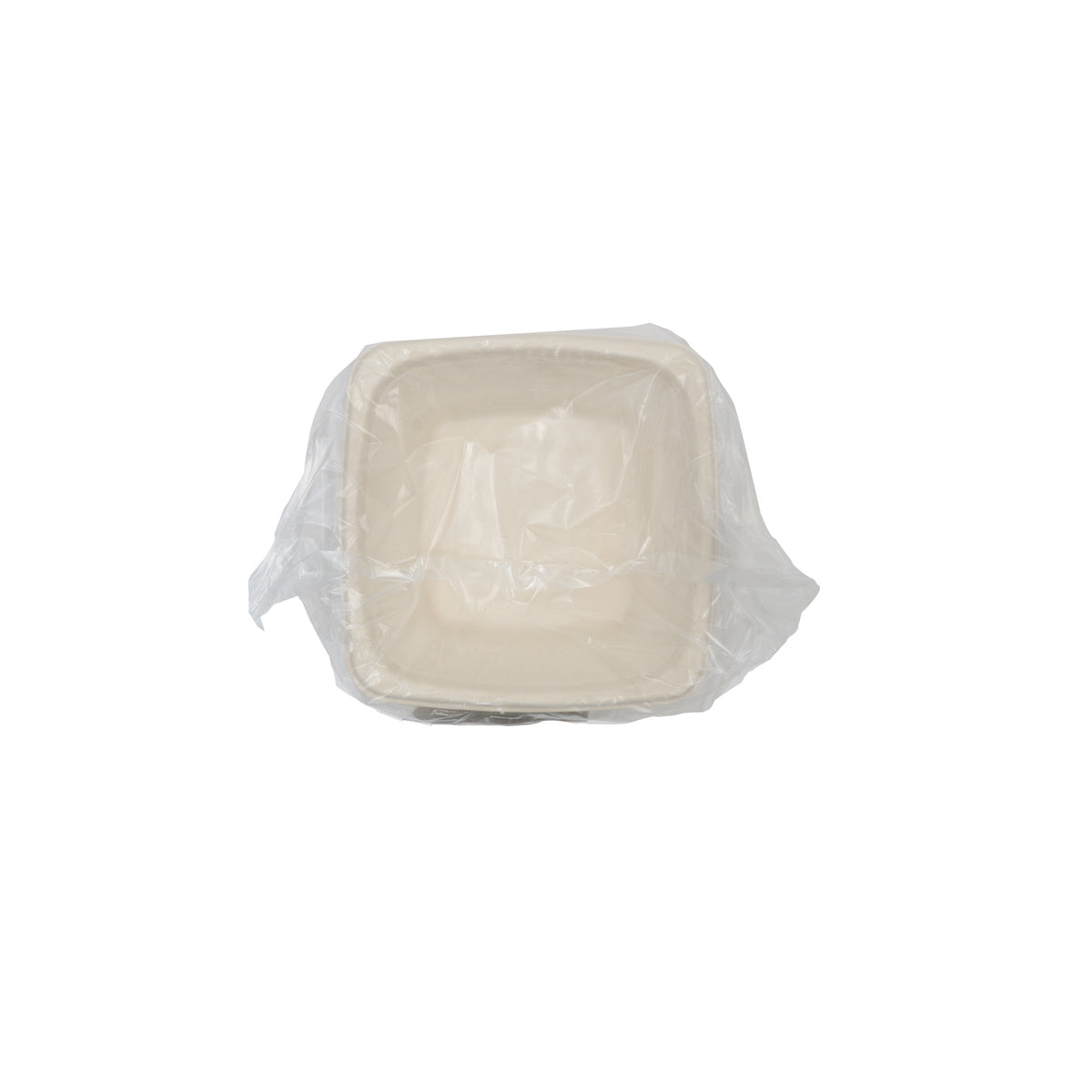 Rectangular tan bowls wrapped in clear plastic on a white background