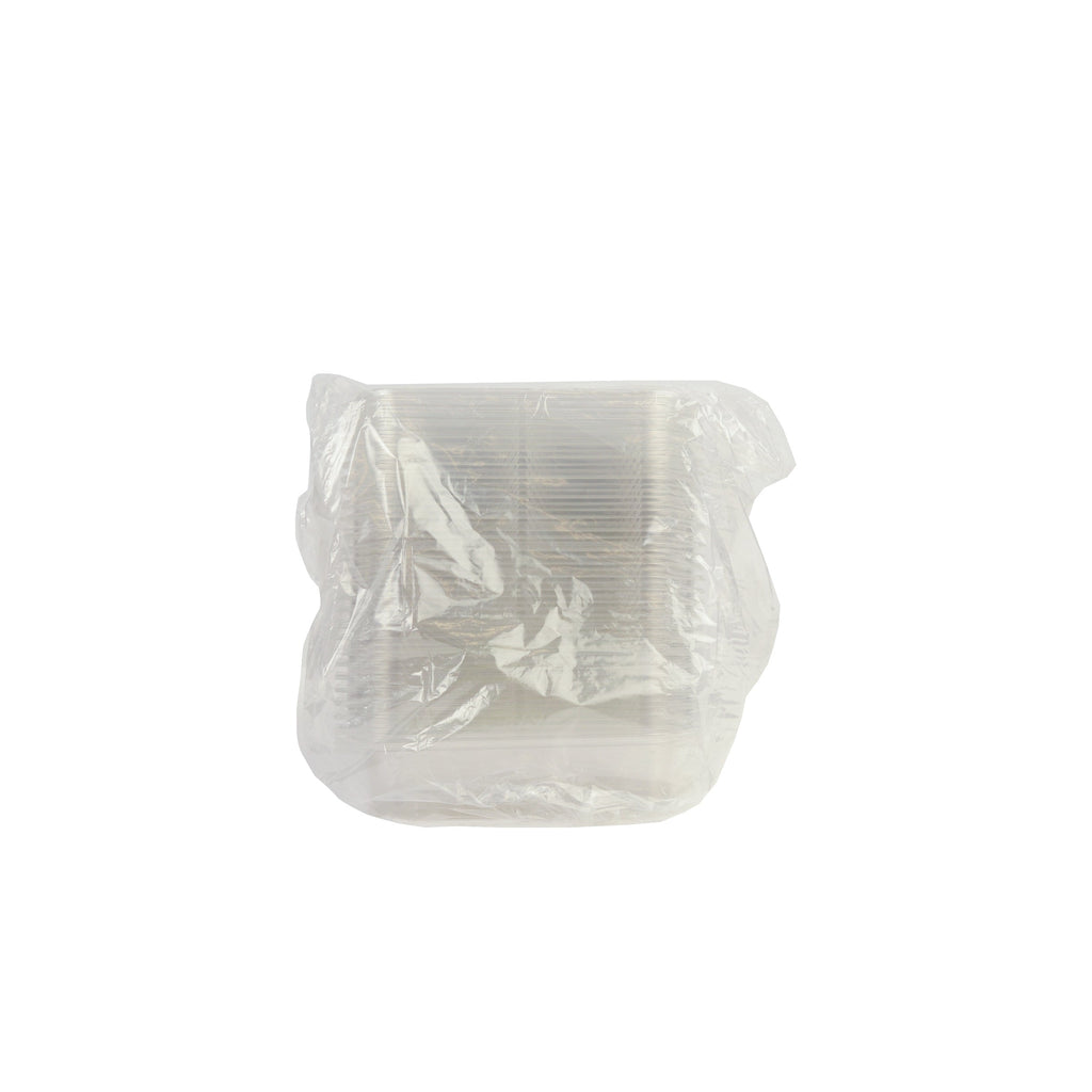 Clear plastic bag containing plastic take-out containers on a white background
