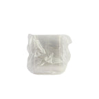 Clear plastic bag containing plastic take-out containers on a white background