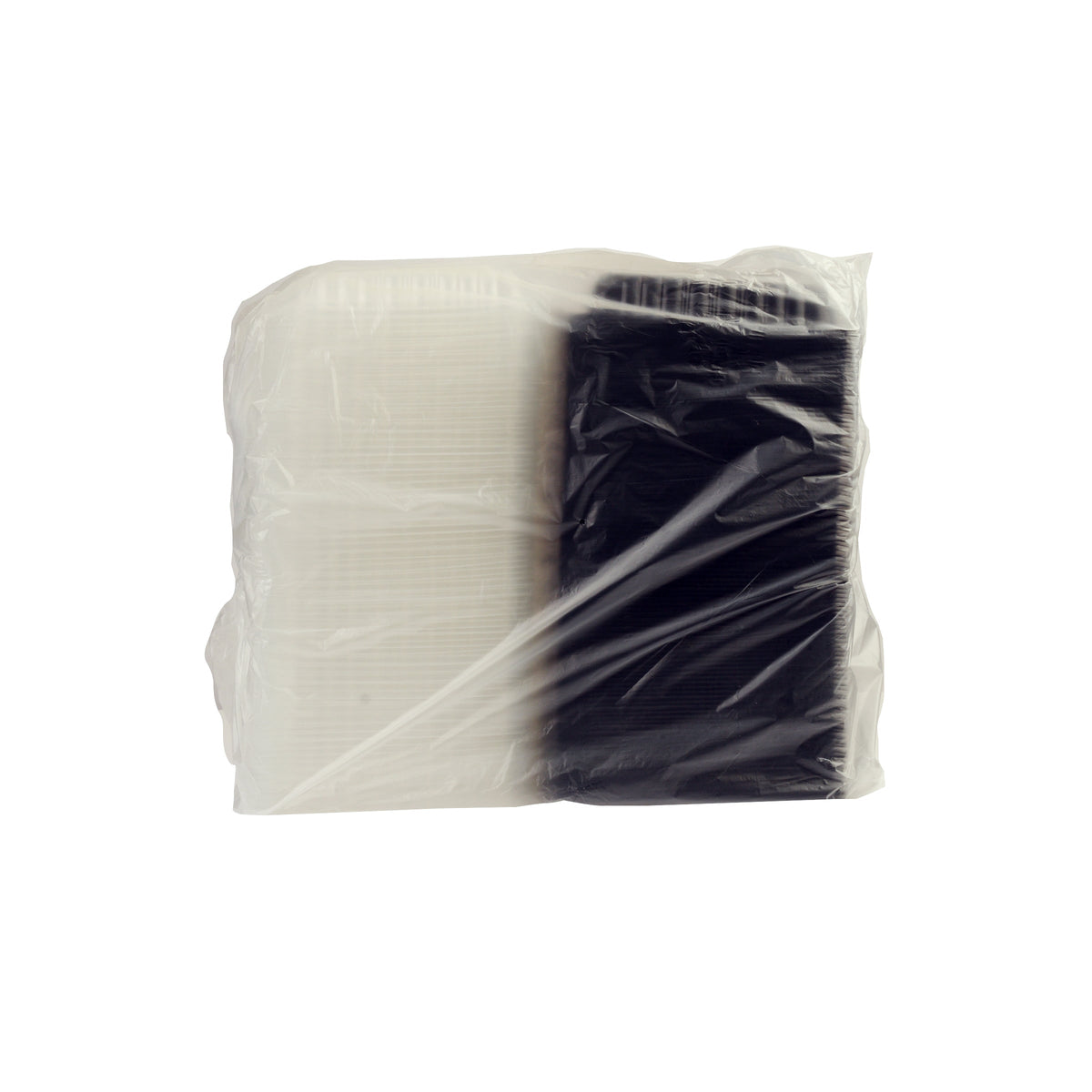 Clamshells with hinged lids inside a clear plastic wrap on a white background