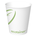 White paper cup with green leaf design and 'ecotainer' branding on a white background