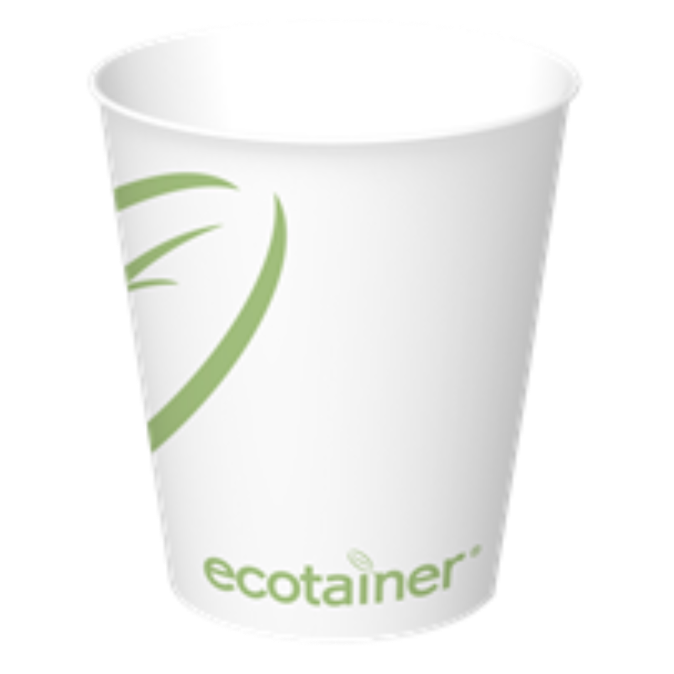 White paper cup with green leaf design and 'ecotainer' branding on a white background