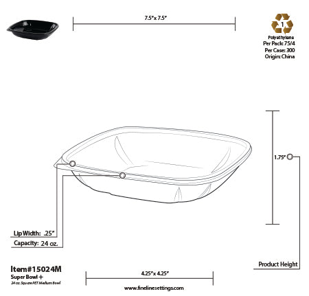 Technical drawing of a black plastic bowl with dimensions and specifications.