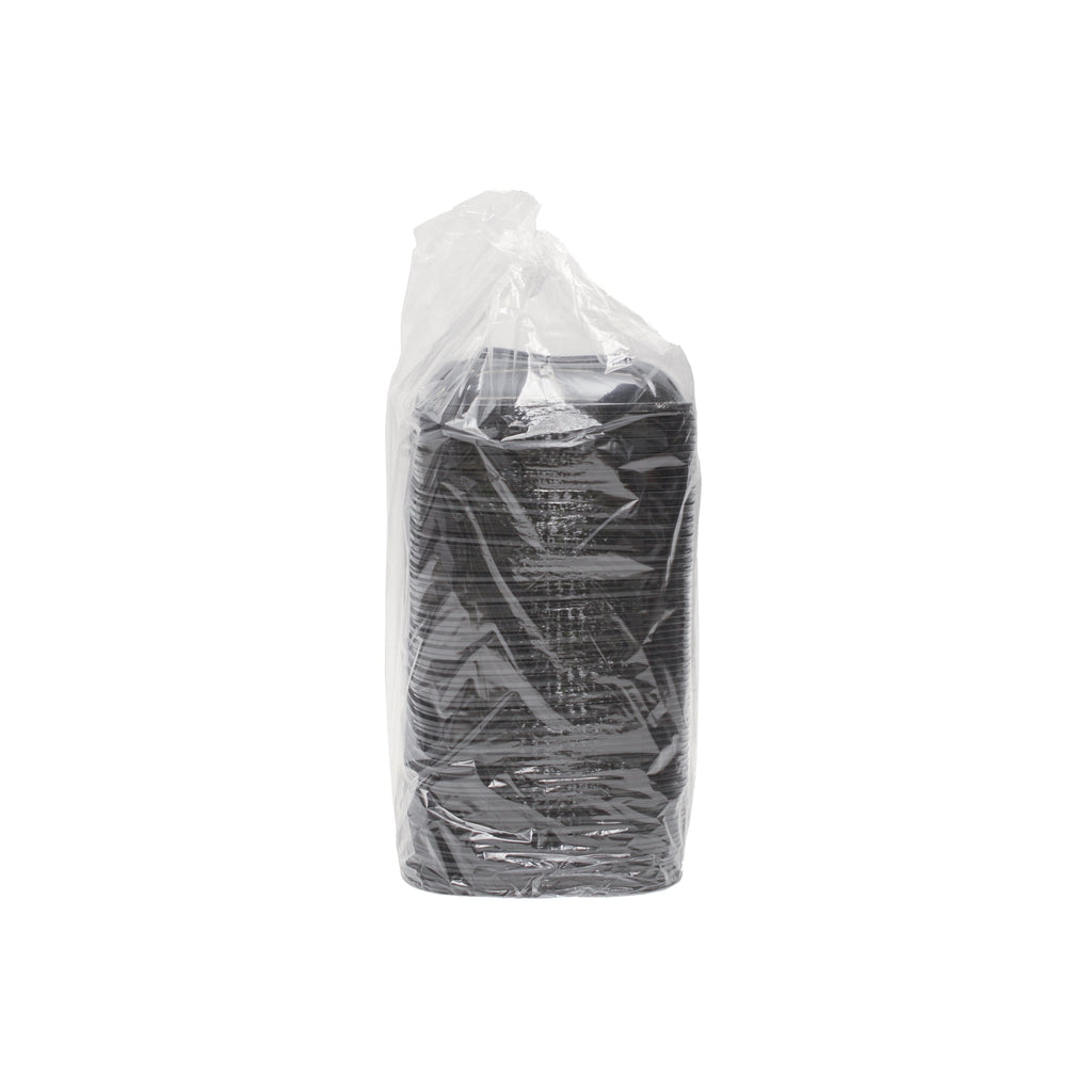 Clear plastic bag containing stack of PETE bowls on a white background