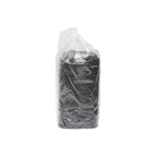Clear plastic bag containing stack of PETE bowls on a white background