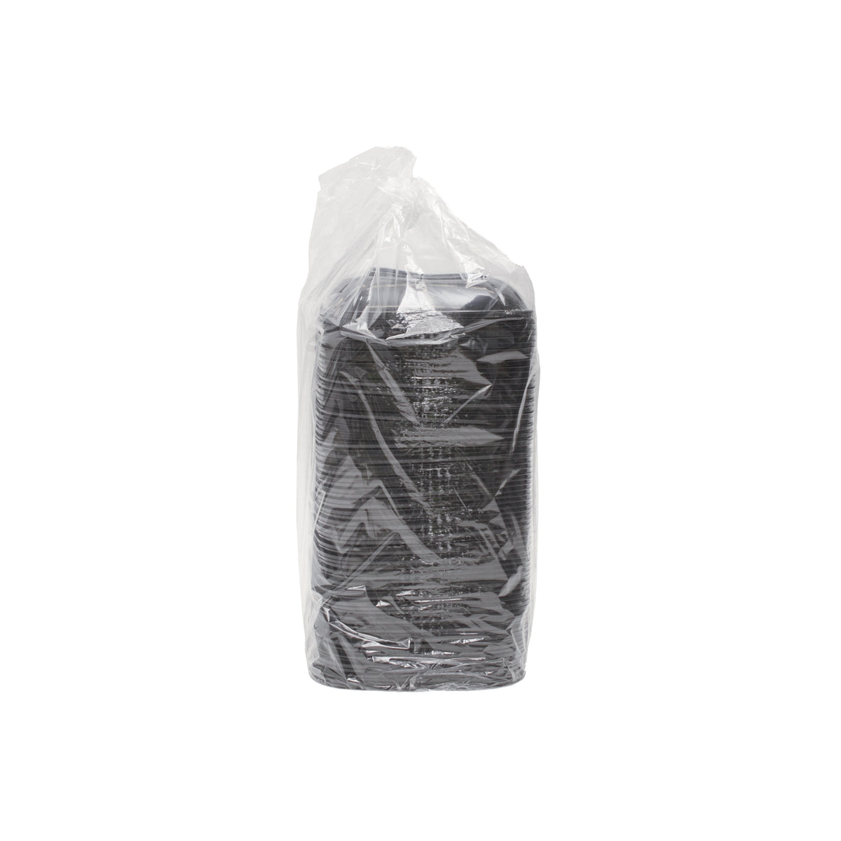 Clear plastic bag containing stack of PETE bowls on a white background