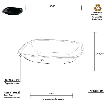 Technical drawing of a black bowl with dimensions and product details.