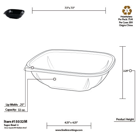 Technical drawing of a clear plastic bowl with dimensions and specifications.
