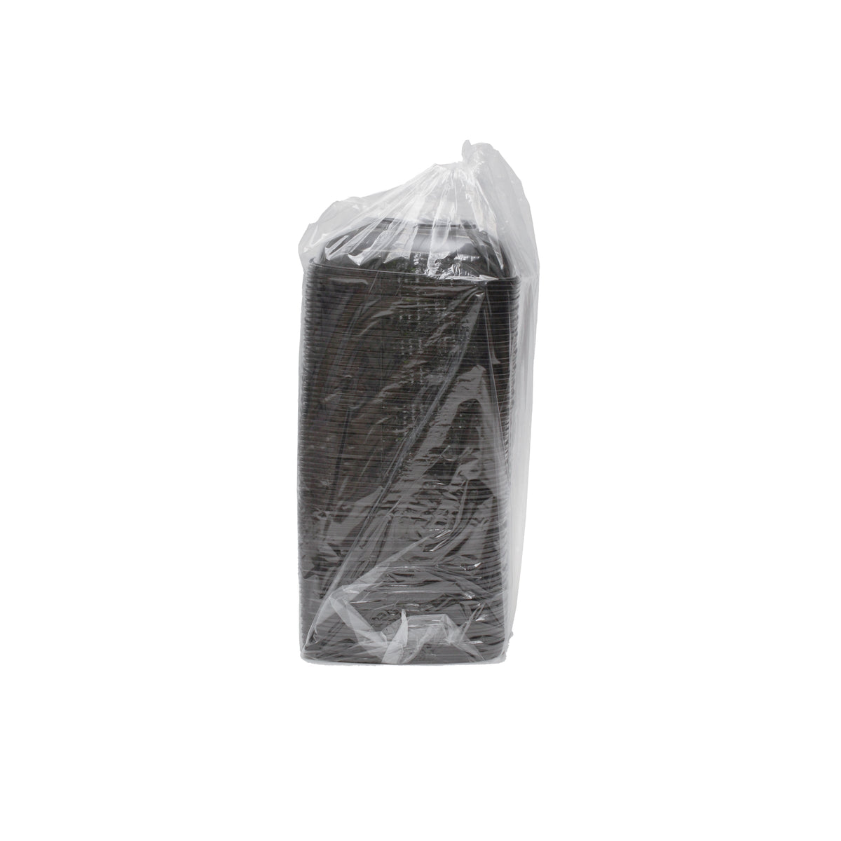 Black plastic square bowls in a clear plastic bag on a white background