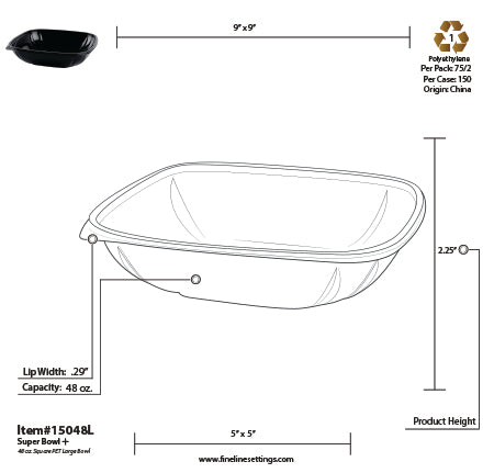 Technical drawing of a plastic container with dimensions and specifications.
