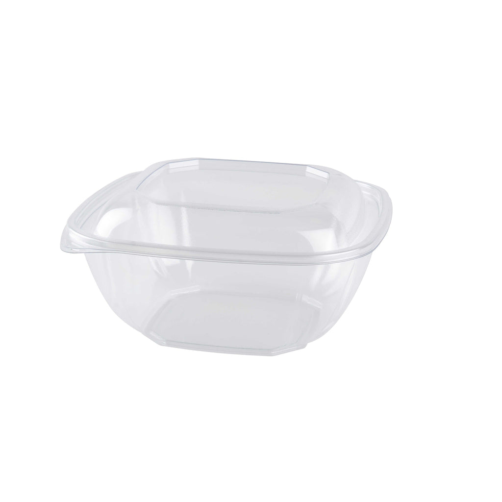 Clear plastic food container with a lid on a white background