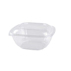 Clear plastic food container with a lid on a white background