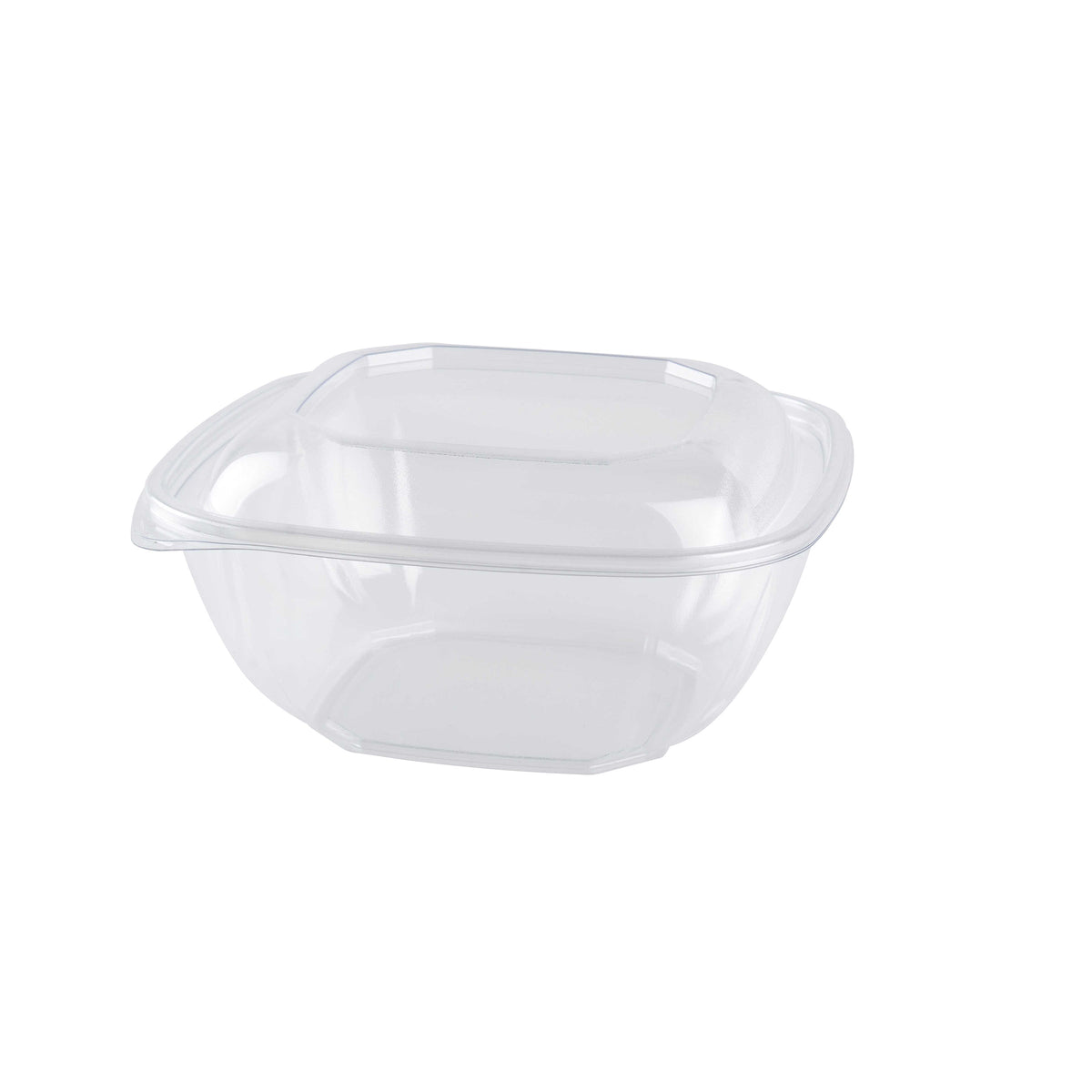 Clear plastic food container with a lid on a white background