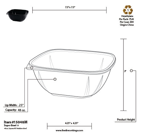Technical drawing of a square bowl with dimensions and specifications on a white background