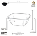 Technical drawing of a square bowl with dimensions and specifications on a white background