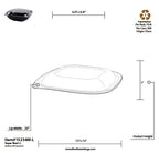 Technical drawing of a plastic food container with dimensions and recycling symbol.