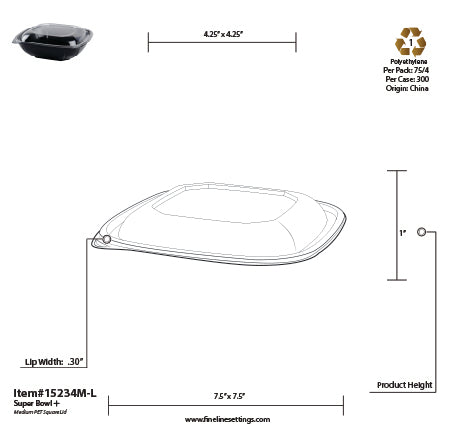Technical drawing of a plastic food container with dimensions and recycling symbol.