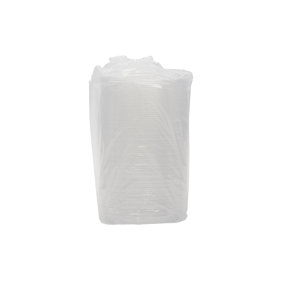 Stack of clear lids in a clear plastic wrapping on a white background