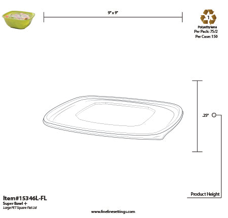 Measurement chart for a plastic lid with dimensions and recycling symbol.