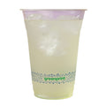 Clear compostable plastic cup with greenprint logo on a white background
