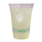Clear compostable plastic cup with greenprint logo on a white background