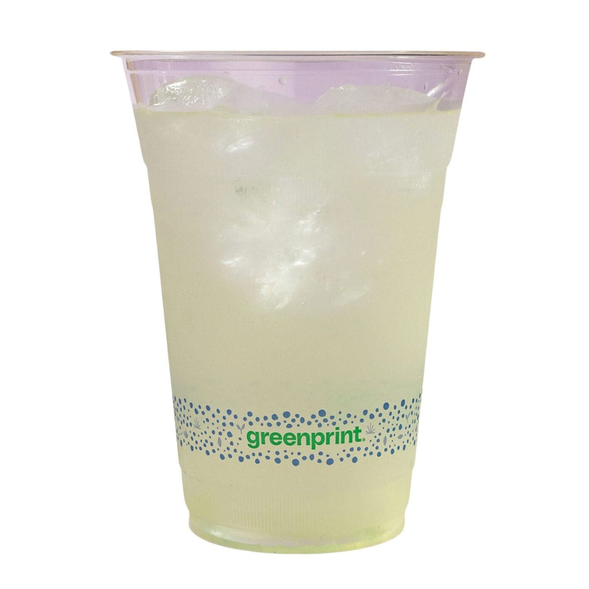 Clear compostable plastic cup with greenprint logo on a white background