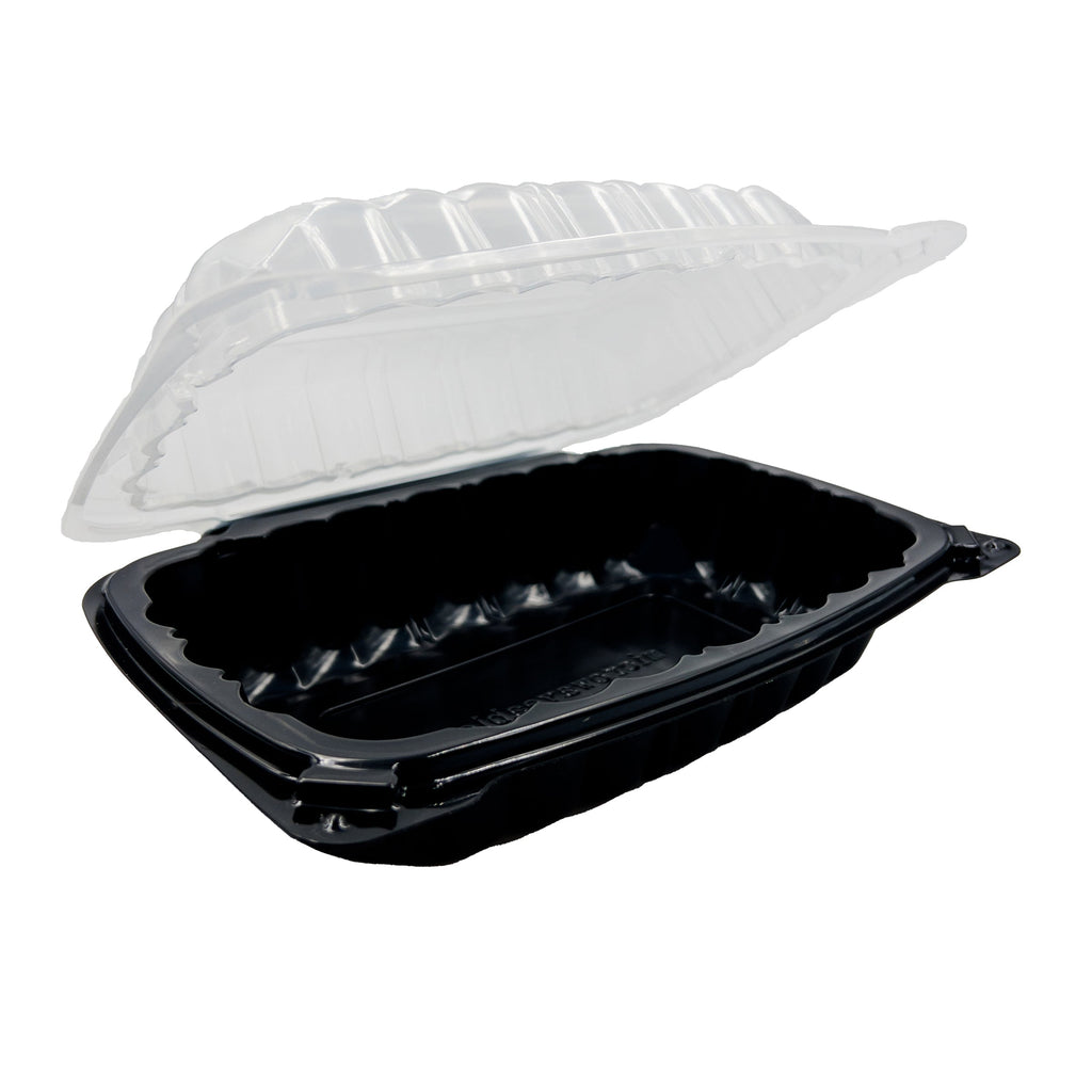 Black food container with a white lid on a white background