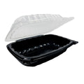 Black food container with a white lid on a white background