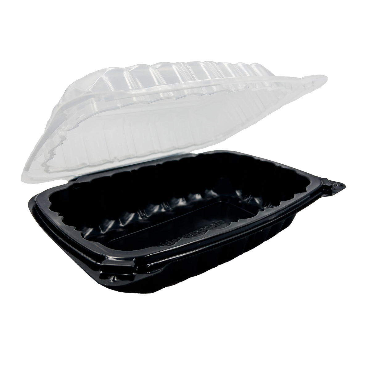 Black food container with a white lid on a white background