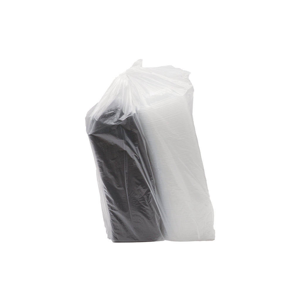 Hinged Clamshells with Hinged Lids in plastic wrapping on a white background