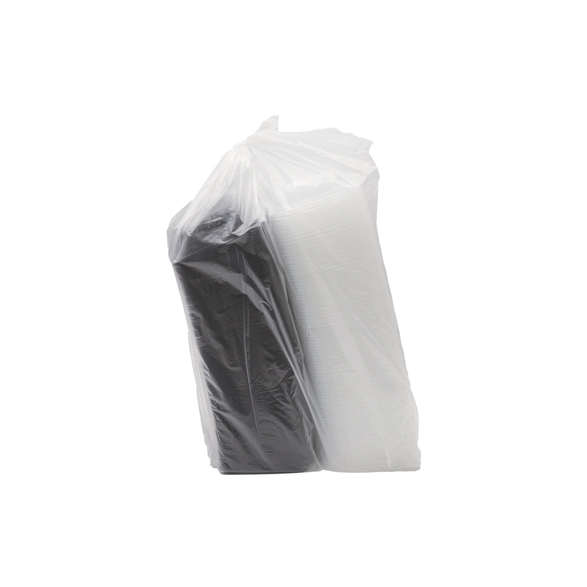 Hinged Clamshells with Hinged Lids in plastic wrapping on a white background