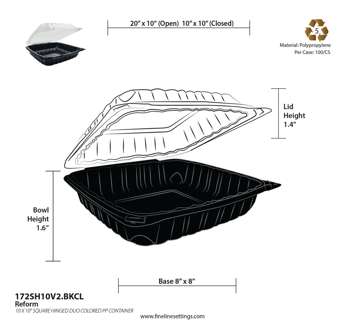 Black food container with lid and dimensions on a white background