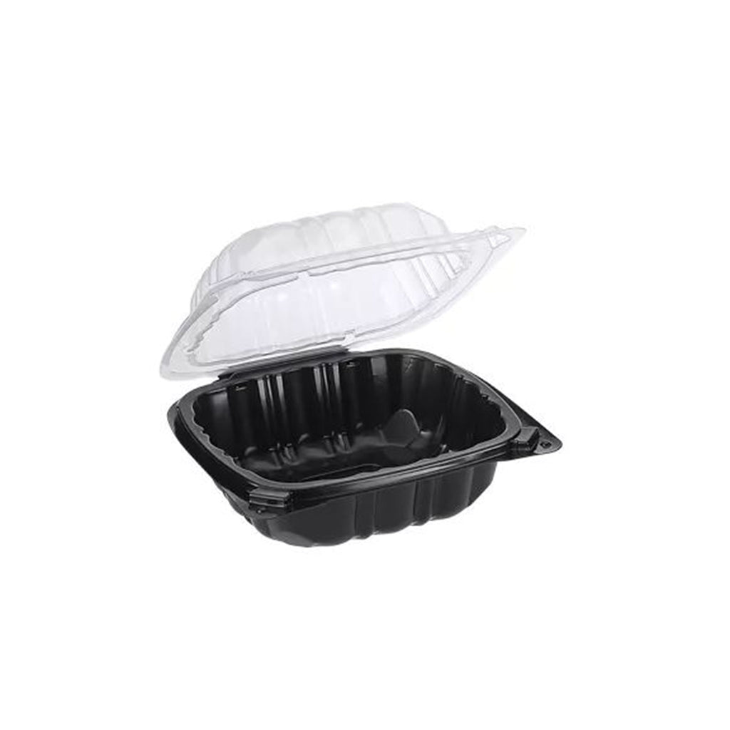 Black food container with a clear lid on a white background