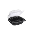 Black food container with a clear lid on a white background