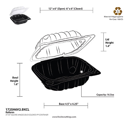 Technical drawing of a black food container with dimensions and specifications.