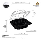 Technical drawing of a black food container with dimensions and specifications.