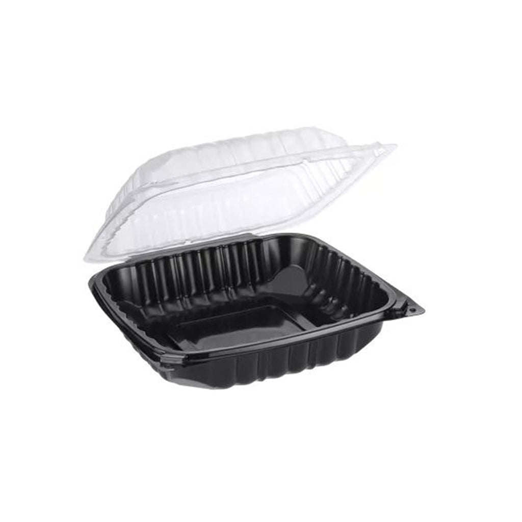 Black food container with clear lid on a white background