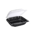 Black food container with clear lid on a white background